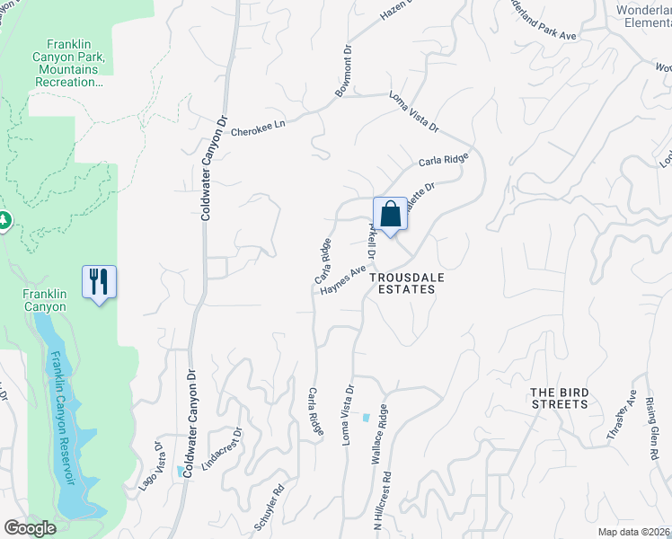 map of restaurants, bars, coffee shops, grocery stores, and more near 1630 Carla Ridge in Beverly Hills