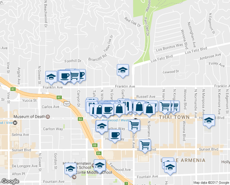 map of restaurants, bars, coffee shops, grocery stores, and more near 1840 North Gramercy Place in Los Angeles