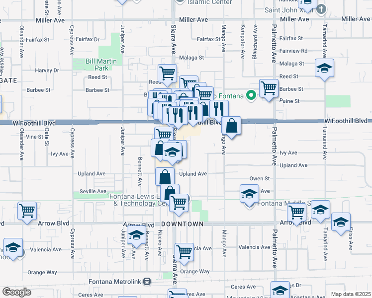 map of restaurants, bars, coffee shops, grocery stores, and more near 8202 Wheeler Avenue in Fontana