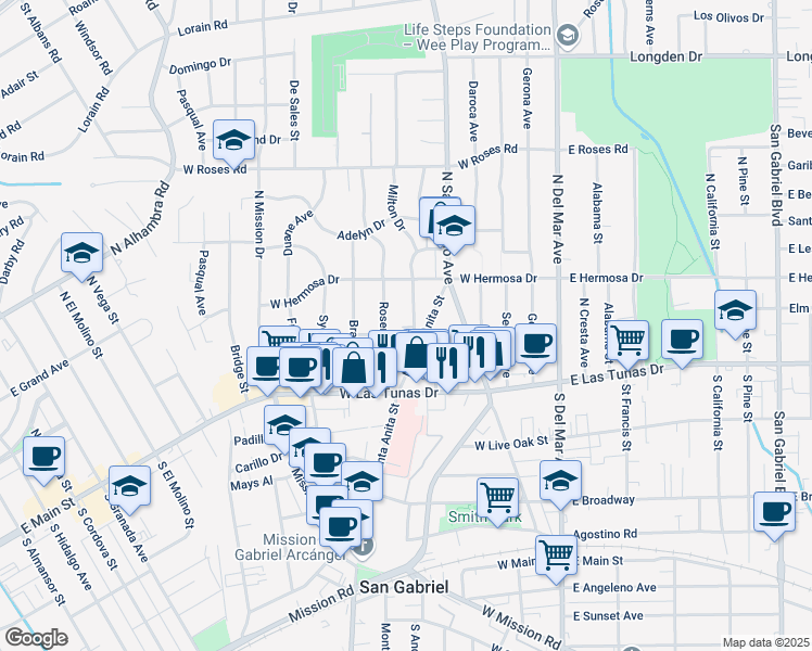 map of restaurants, bars, coffee shops, grocery stores, and more near 430 West Gurdon Avenue in San Gabriel