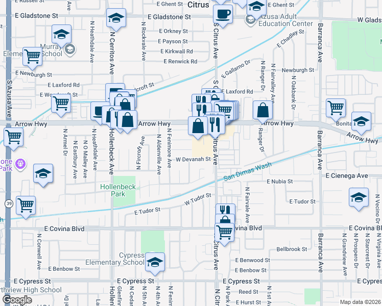 map of restaurants, bars, coffee shops, grocery stores, and more near 218 West Gragmont Street in Covina