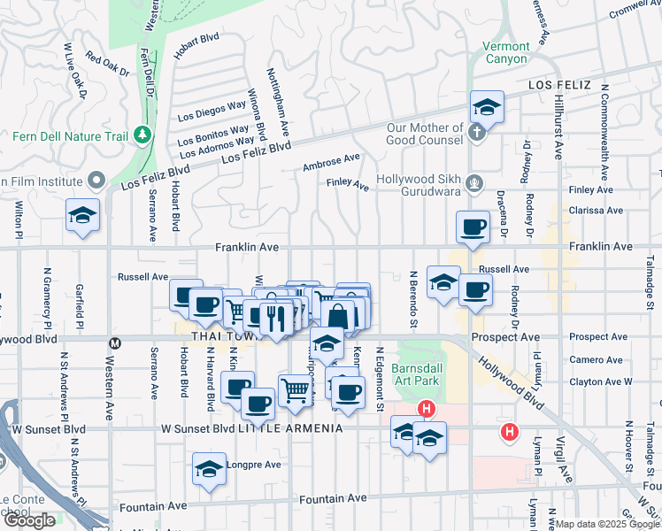 map of restaurants, bars, coffee shops, grocery stores, and more near 1816 North Mariposa Avenue in Los Angeles