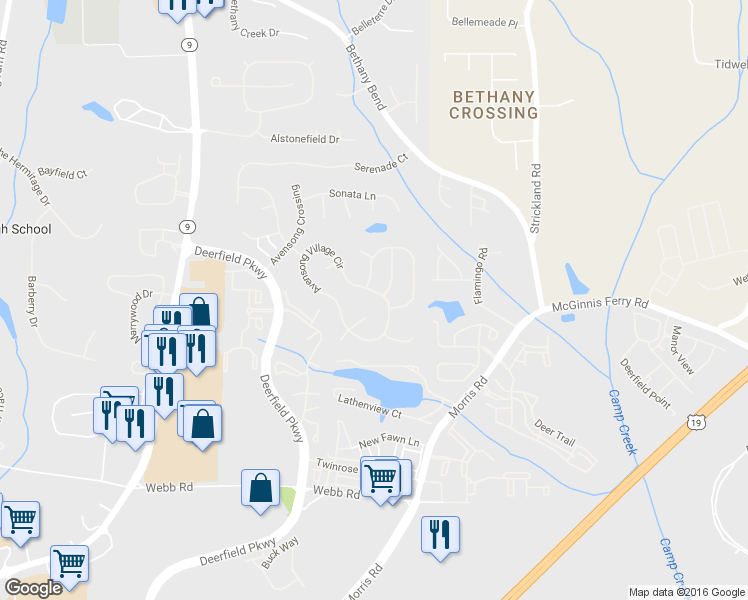 map of restaurants, bars, coffee shops, grocery stores, and more near 3421 Avensong Village Circle in Alpharetta