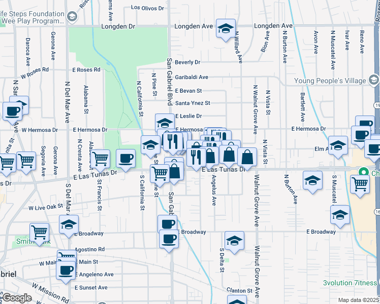 map of restaurants, bars, coffee shops, grocery stores, and more near 5715 North Charlotte Avenue in San Gabriel