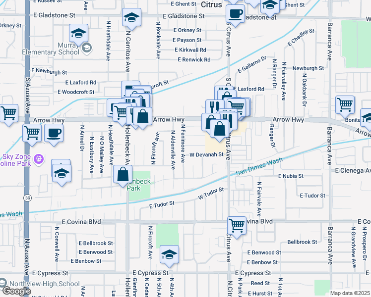 map of restaurants, bars, coffee shops, grocery stores, and more near 264 West Devanah Street in Covina