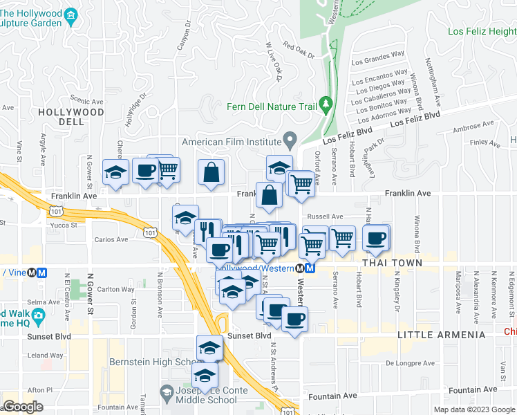 map of restaurants, bars, coffee shops, grocery stores, and more near 1840 North Gramercy Place in Los Angeles