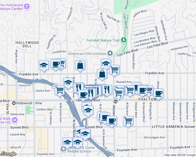 map of restaurants, bars, coffee shops, grocery stores, and more near 1840 North Gramercy Place in Los Angeles