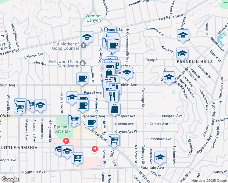 map of restaurants, bars, coffee shops, grocery stores, and more near 1802 1/2 Hillhurst Avenue in Los Angeles