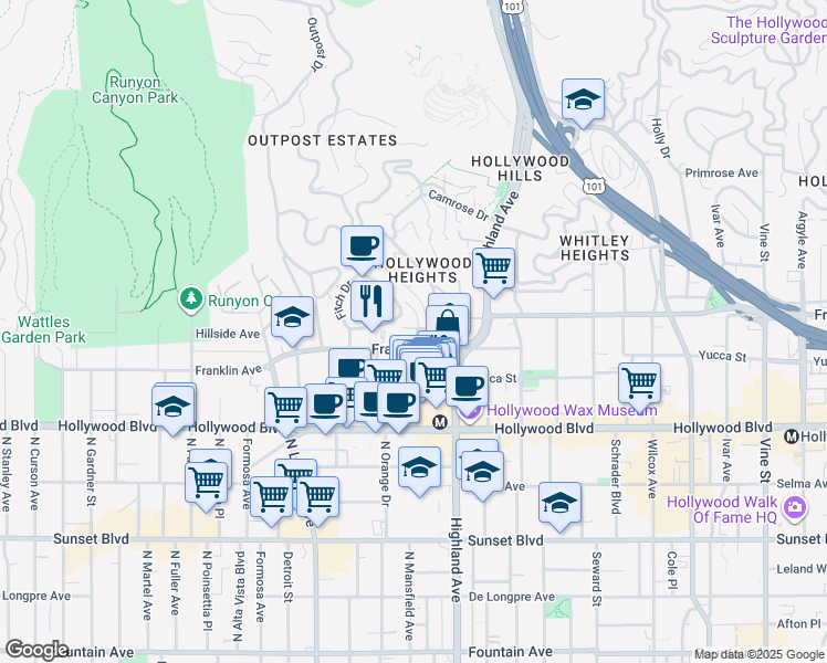 map of restaurants, bars, coffee shops, grocery stores, and more near 6900 Bonita Terrace in Los Angeles