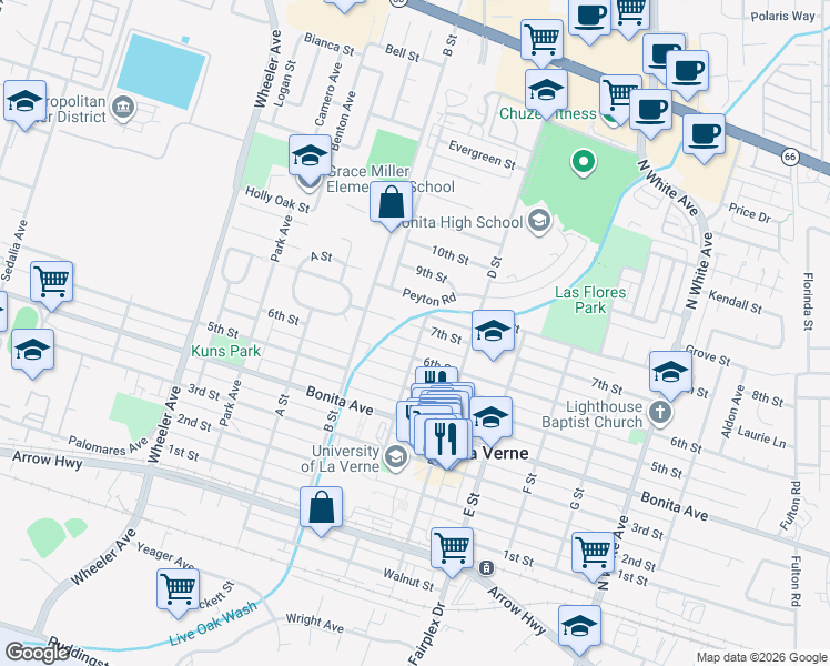 map of restaurants, bars, coffee shops, grocery stores, and more near 1990 7th Street in La Verne