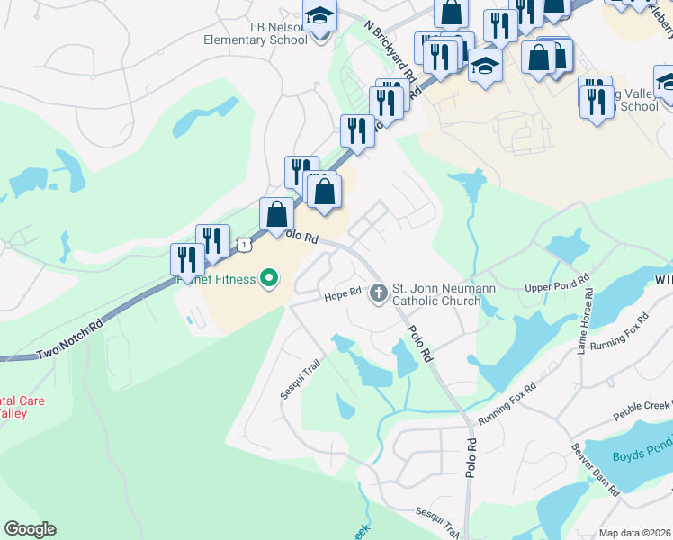 map of restaurants, bars, coffee shops, grocery stores, and more near 5 Heather Laurel Court in Columbia
