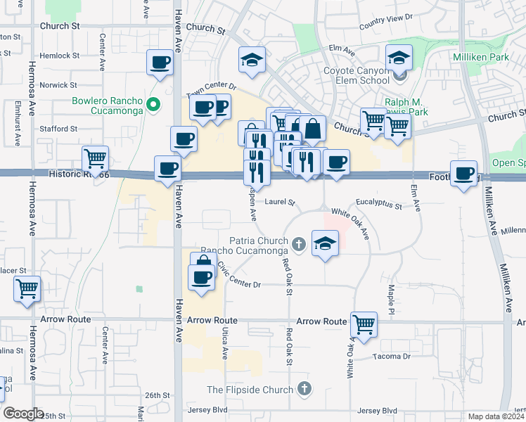 map of restaurants, bars, coffee shops, grocery stores, and more near in Rancho Cucamonga