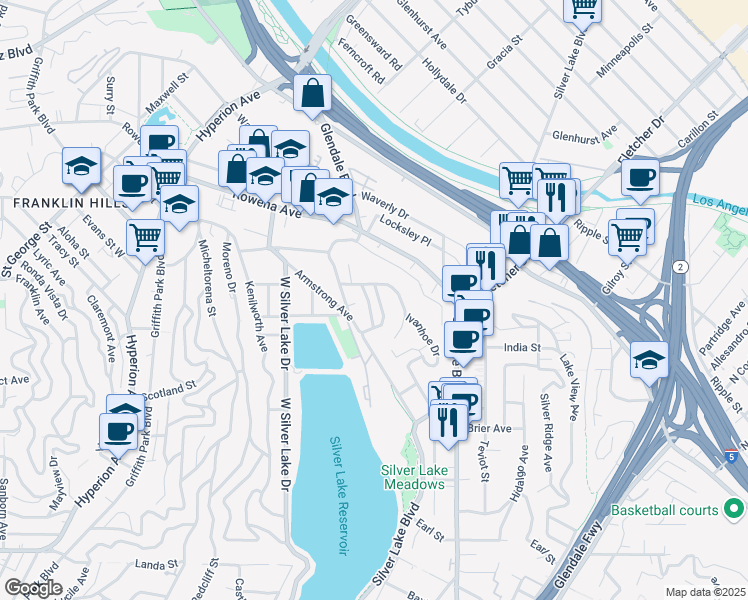 map of restaurants, bars, coffee shops, grocery stores, and more near 2661 Lake View Terrace East in Los Angeles