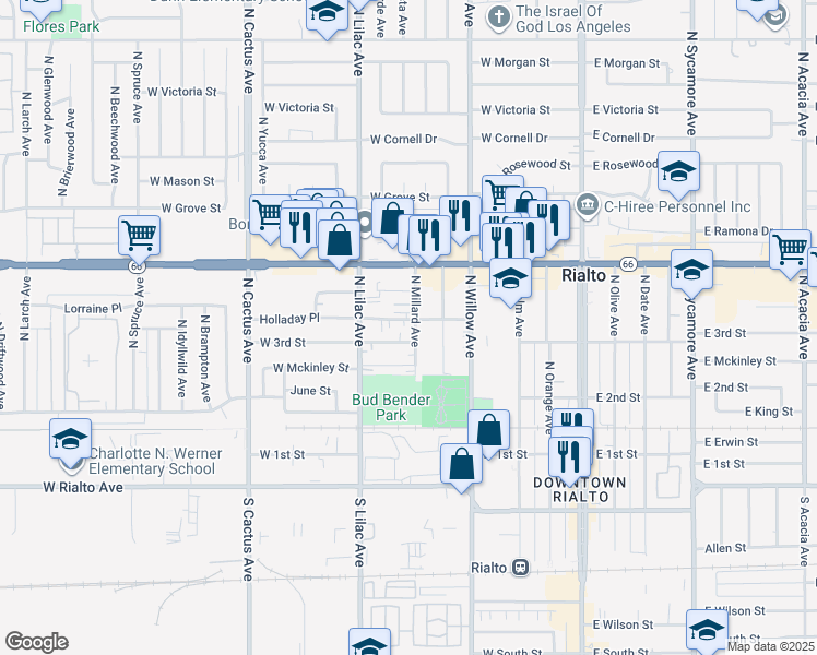 map of restaurants, bars, coffee shops, grocery stores, and more near 229 North Millard Avenue in Rialto