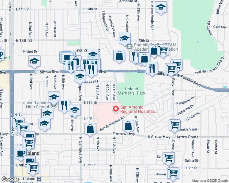 map of restaurants, bars, coffee shops, grocery stores, and more near 826 North 10th Avenue in Upland