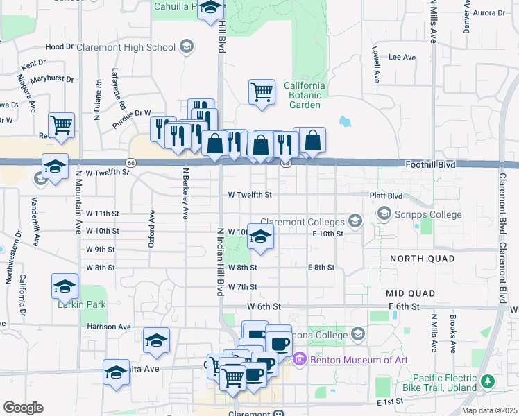 map of restaurants, bars, coffee shops, grocery stores, and more near 1017 North Yale Avenue in Claremont