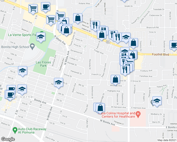 map of restaurants, bars, coffee shops, grocery stores, and more near 3117 Florinda Street in Pomona