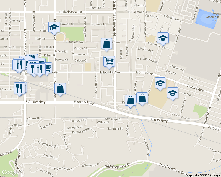 map of restaurants, bars, coffee shops, grocery stores, and more near 261 South San Dimas Canyon Road in San Dimas