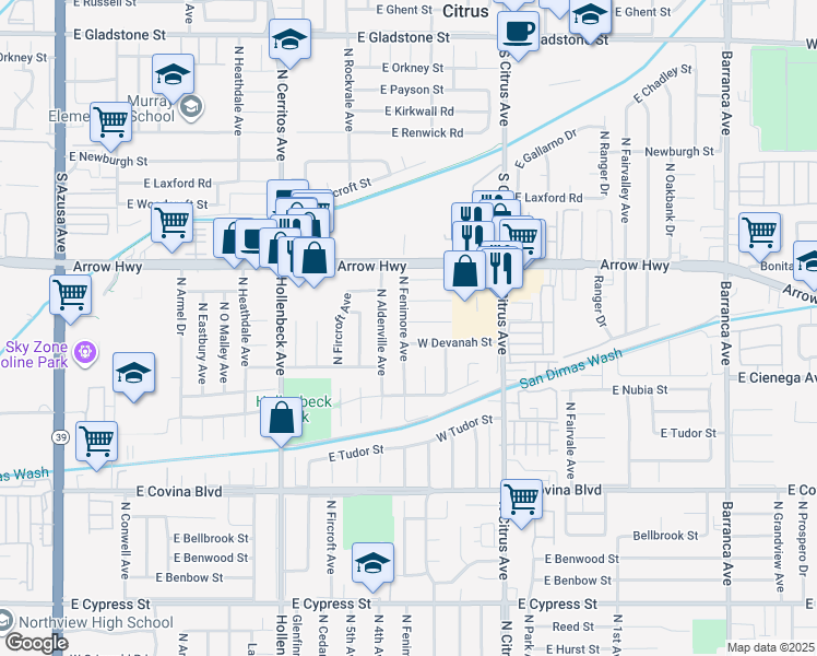 map of restaurants, bars, coffee shops, grocery stores, and more near 264 West Devanah Street in Covina