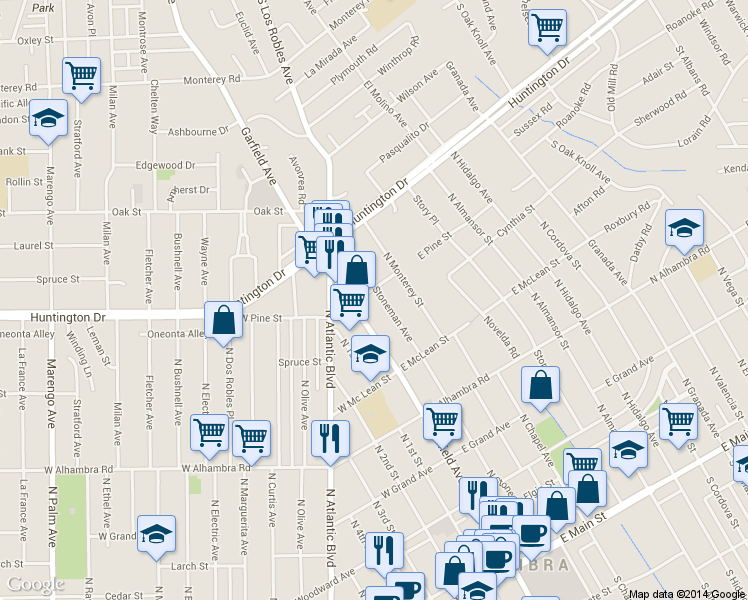 map of restaurants, bars, coffee shops, grocery stores, and more near 915 North Stoneman Avenue in Alhambra