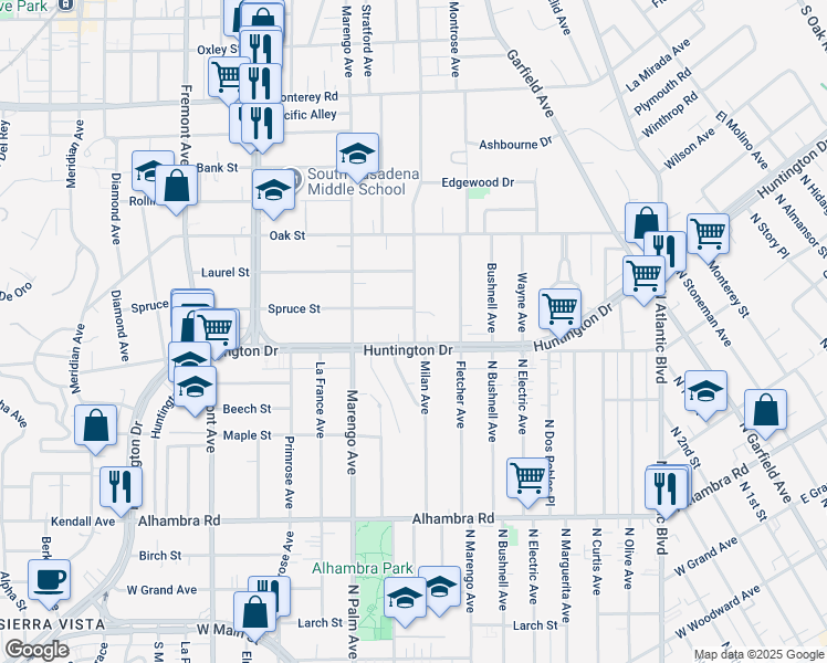 map of restaurants, bars, coffee shops, grocery stores, and more near 1807 Huntington Drive in South Pasadena
