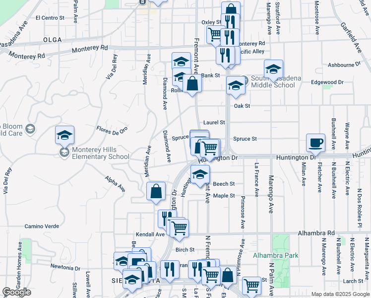 map of restaurants, bars, coffee shops, grocery stores, and more near 1304 Pine Street in South Pasadena