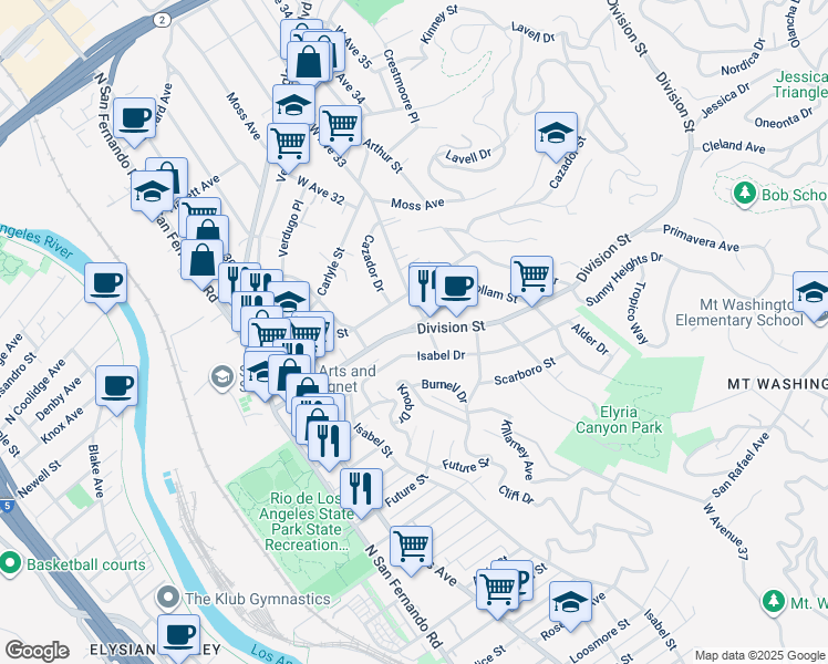 map of restaurants, bars, coffee shops, grocery stores, and more near 3217 Isabel Drive in Los Angeles