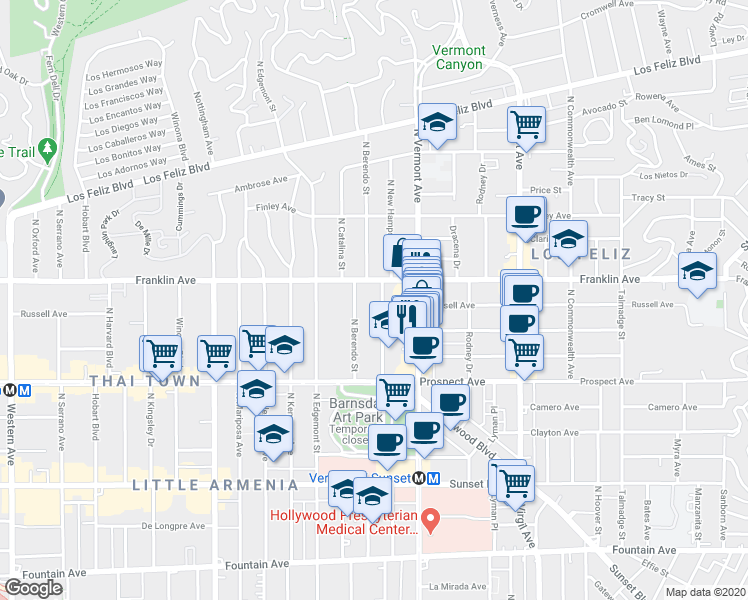 map of restaurants, bars, coffee shops, grocery stores, and more near 1818 North New Hampshire Avenue in Los Angeles