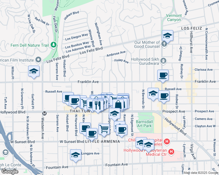 map of restaurants, bars, coffee shops, grocery stores, and more near 1816 North Mariposa Avenue in Los Angeles
