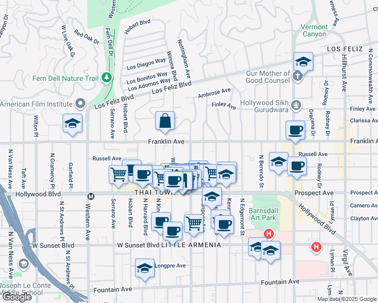 map of restaurants, bars, coffee shops, grocery stores, and more near 1814 North Normandie Avenue in Los Angeles