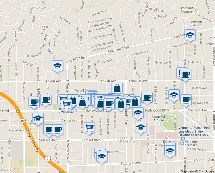 map of restaurants, bars, coffee shops, grocery stores, and more near 1813 North Kingsley Drive in Los Angeles