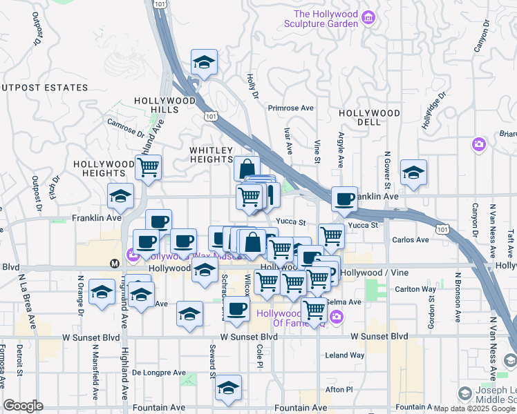 map of restaurants, bars, coffee shops, grocery stores, and more near 6434 Yucca Street in Los Angeles