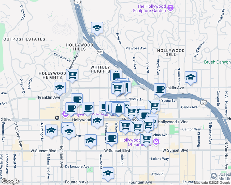 map of restaurants, bars, coffee shops, grocery stores, and more near 6434 Yucca Street in Los Angeles