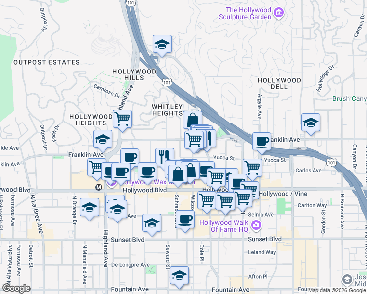 map of restaurants, bars, coffee shops, grocery stores, and more near in Los Angeles