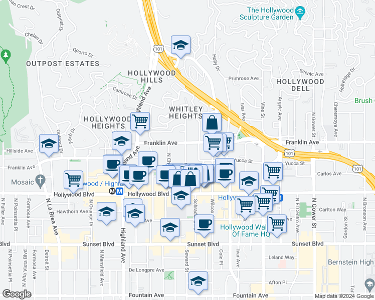 map of restaurants, bars, coffee shops, grocery stores, and more near 1831 Whitley Avenue in Los Angeles