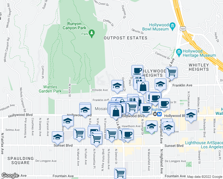 map of restaurants, bars, coffee shops, grocery stores, and more near 1800 North La Brea Avenue in Los Angeles