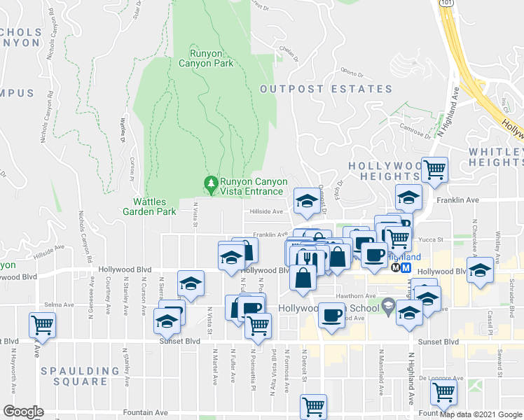 map of restaurants, bars, coffee shops, grocery stores, and more near 1841 North Fuller Avenue in Los Angeles