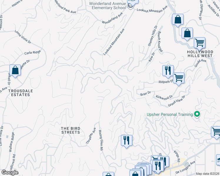 map of restaurants, bars, coffee shops, grocery stores, and more near 1745 Rising Glen Road in Los Angeles