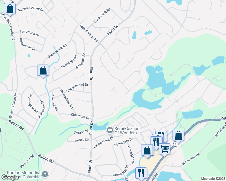 map of restaurants, bars, coffee shops, grocery stores, and more near 353 Valley Heights Lane in Columbia