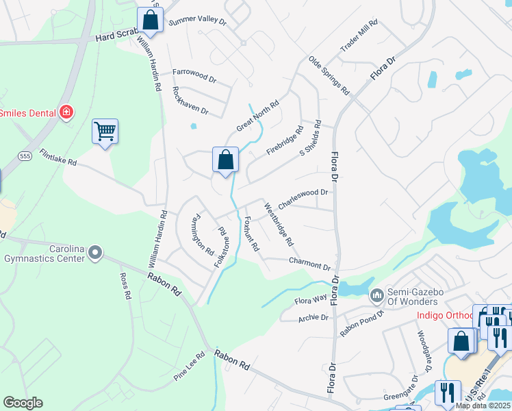 map of restaurants, bars, coffee shops, grocery stores, and more near 304 Foxhunt Road in Columbia