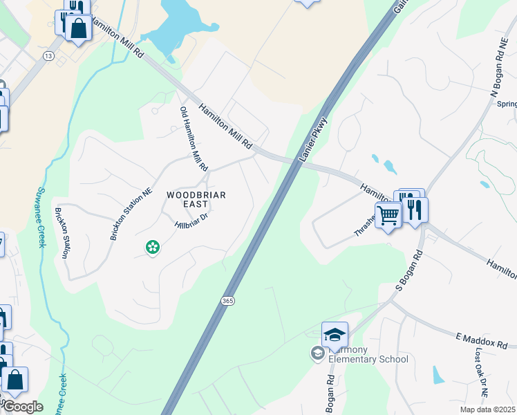 map of restaurants, bars, coffee shops, grocery stores, and more near 4191 Secret Shoals Way in Buford