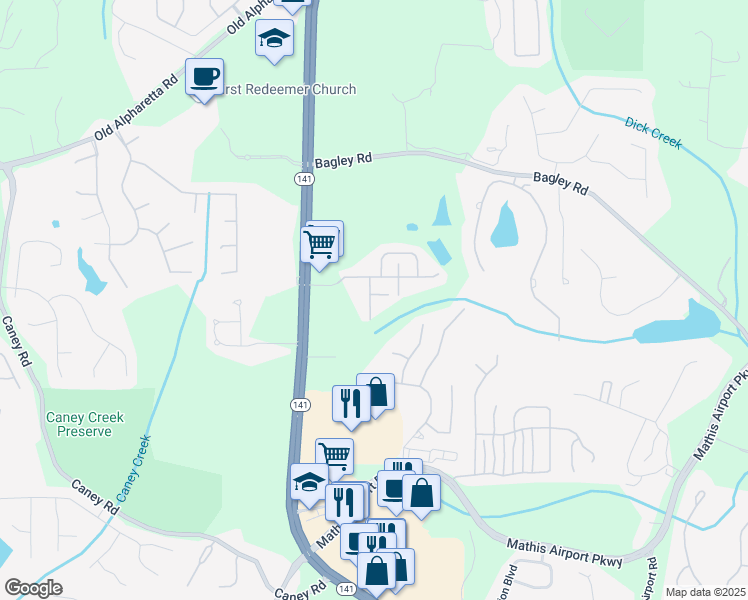 map of restaurants, bars, coffee shops, grocery stores, and more near 2510 Thackery Court in Cumming