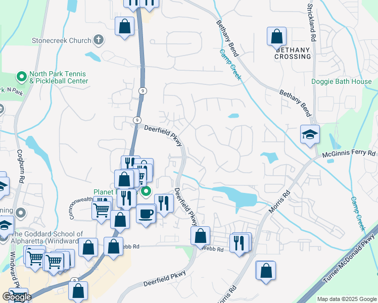 map of restaurants, bars, coffee shops, grocery stores, and more near 13000 Summit Boulevard in Alpharetta