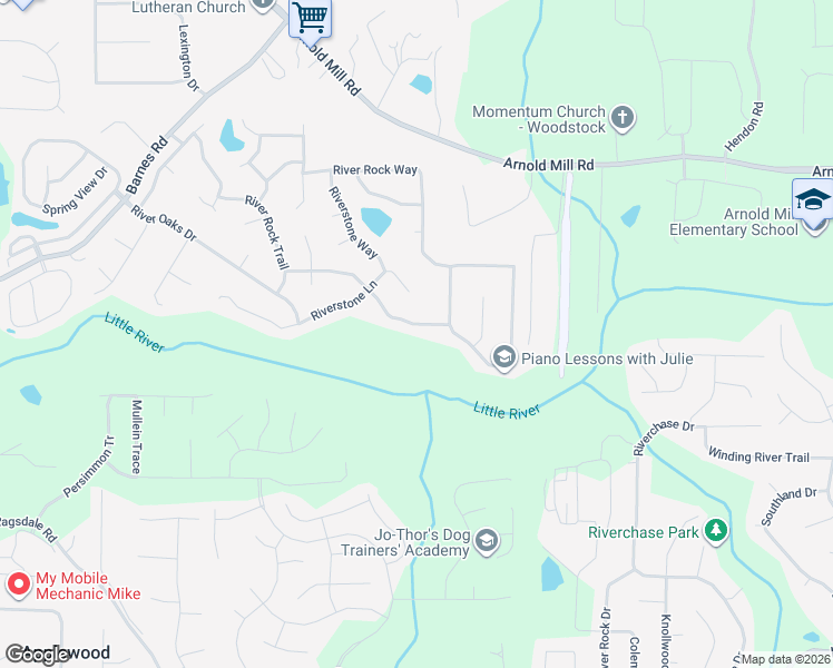 map of restaurants, bars, coffee shops, grocery stores, and more near 1532 River Rock Trce in Woodstock