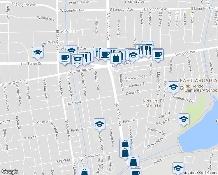 map of restaurants, bars, coffee shops, grocery stores, and more near 5533 Santa Anita Avenue in Temple City