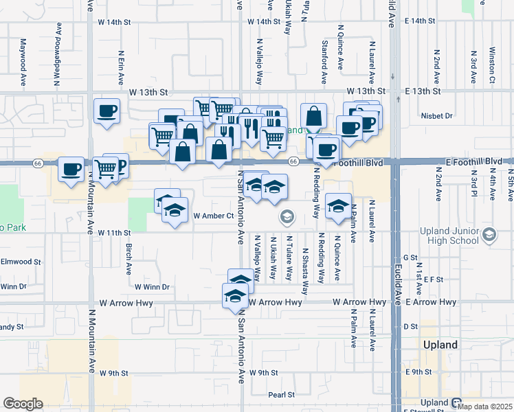 map of restaurants, bars, coffee shops, grocery stores, and more near 565 West 11th Street in Upland