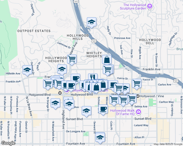 map of restaurants, bars, coffee shops, grocery stores, and more near 1853 Whitley Avenue in Los Angeles
