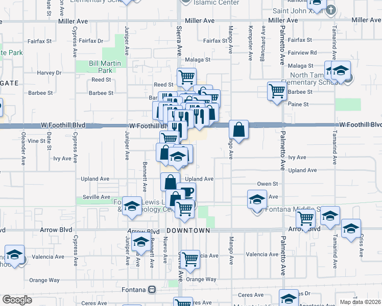 map of restaurants, bars, coffee shops, grocery stores, and more near 8202 Wheeler Avenue in Fontana