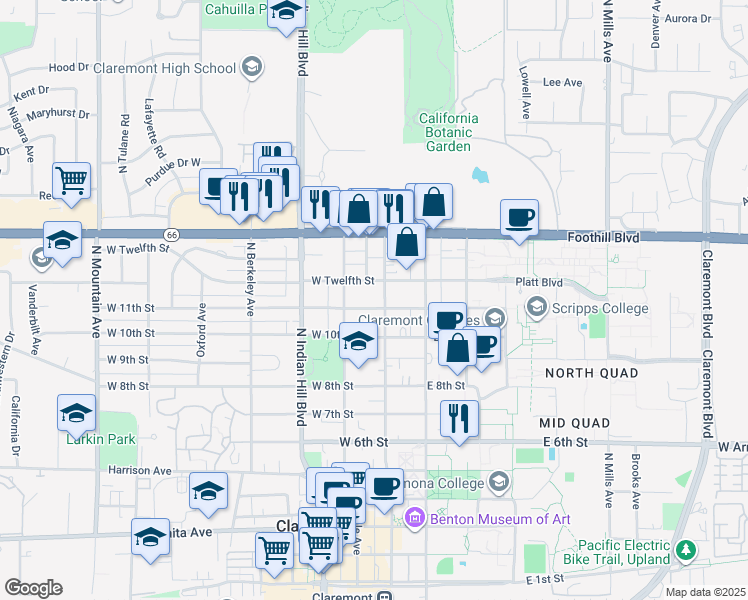 map of restaurants, bars, coffee shops, grocery stores, and more near 217 West 11th Street in Claremont