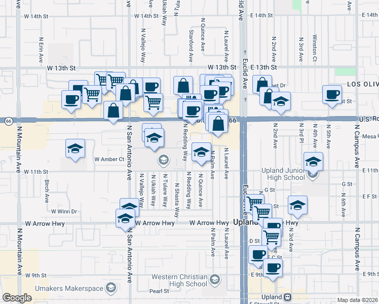 map of restaurants, bars, coffee shops, grocery stores, and more near 357 Amber Court in Upland
